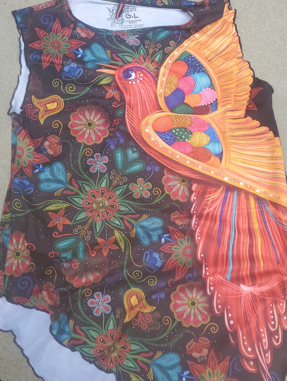 Colorful Floral & Phoenix Print Sleeveless Top - Black Multi Size Large